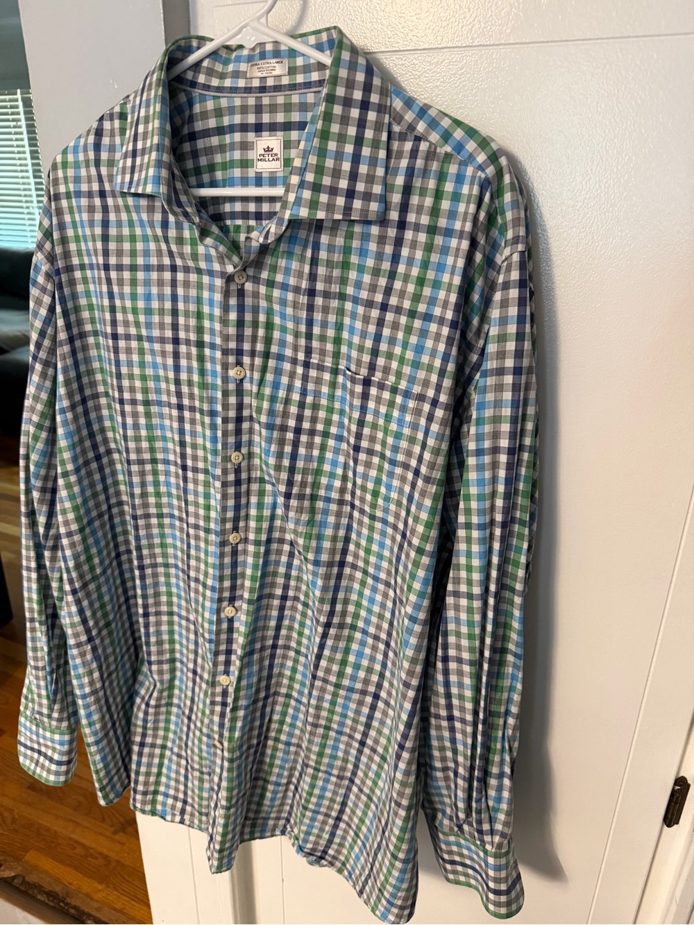 Peter Millar Blue and Green Plaid Men's Button-Up Shirt